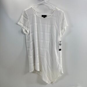 AB‎ Studio Tunic Top Asymmetric Textured Paper White Short Sleeve Large